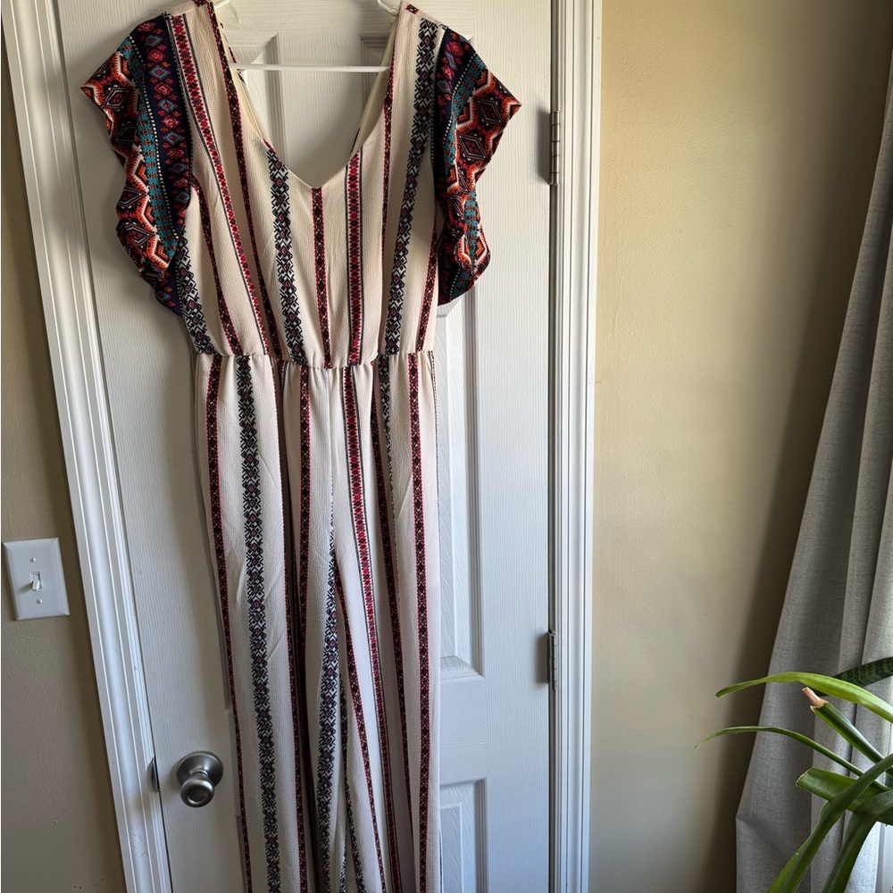 Red and Black Jumpsuit with Flutter Sleeves and V-Neck